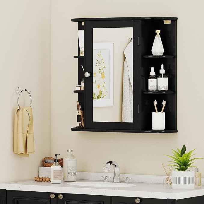 Giantex Bathroom Mirror Cabinet, Wall Mounted Medicine Cabinet with Mirrored Door & 4 Interior Shelves, 6 Open Shelves, Mounting Hardware, Space-Saving Storage Cabinet (Black)