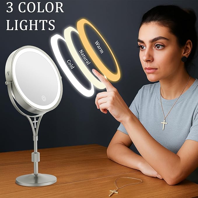 1x/10x Magnifying Mirror with 3 Color Lights and Cross Charm, 7" Lighted Makeup Mirror with Magnification, Height Adjustable Vanity Mirror, Birthday Christian Gifts for Women, Brushed Nickel