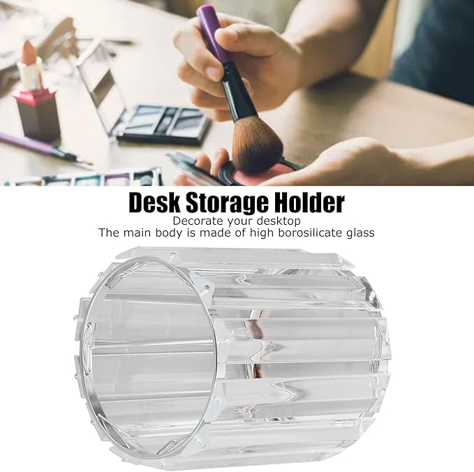CDQL Cosmetic Brush Holder, Transparent Glass, Round Decorative Box, Pen Storage Organizer, Desktop Makeup Brush Container for Vanity (Silver)