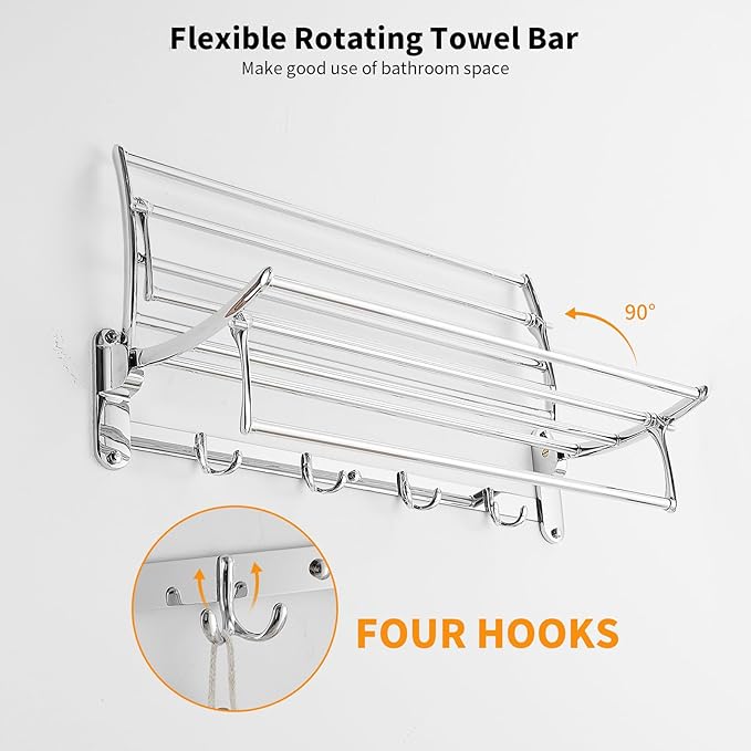 BESy 24 Inch Polished Chrome Towel Racks, Bathroom Towel Shelf with Foldable Towel Bar Holder and Towel Hooks, Wall Mounted Multifunctional Bathroom Accessories, Double Towel Bars