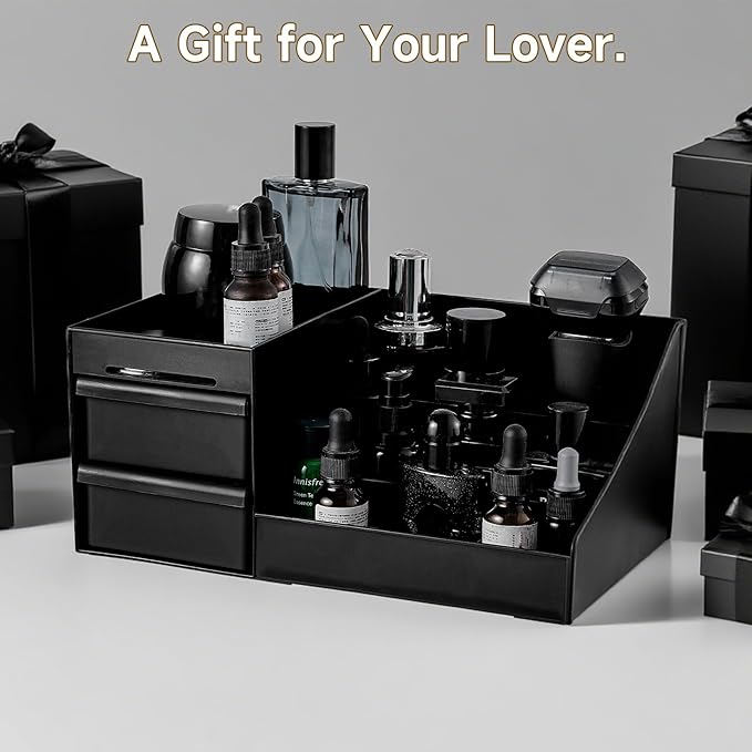 Large Black Vanity Organizer for Men, Countertop Cologne Organizer with Drawers, Perfume Stand & Mens Skincare Storage, Deodorant Display for Bathroom Bedroom Dresser, Ideal Gifts for Men