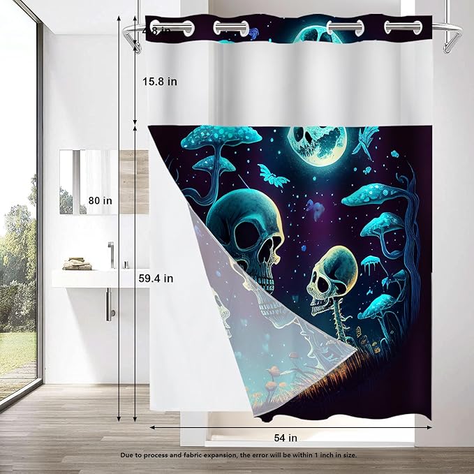 Shrahala Happy Halloween Funny No Hooks Shower Curtain with Snap in Liner Set, Skeletons Grass Mushrooms Starry Sky Bathroom Décor Polyester Fiber Waterproof for Stall Bathtubs 54 x 80 in