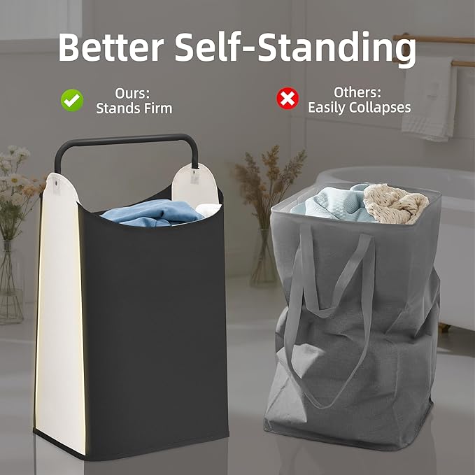 STORAGE MANIAC 2 Pack Large Laundry Hamper with Sturdy Metal Handle, Collapsible Laundry Basket, Freestanding Waterproof Clothes Hamper for Laundry Room, Bedroom, Dorm, Towels, Toys, Black & White