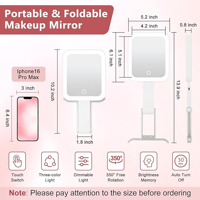 DECLUTTR Travel Makeup Mirror with Lights, Rechargeable 15X/1X Double-Sided Magnifying Mirror with 3 Color Lights, Brightness Adjustable, Portable Handheld Mirror Tabletop, Gift for Women