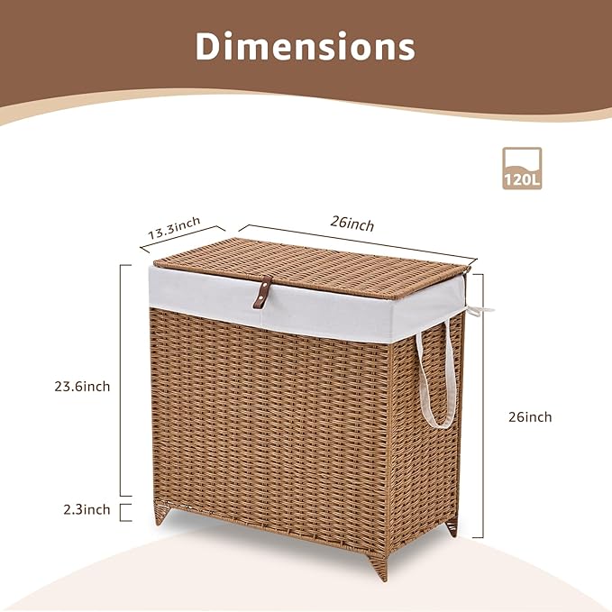 Handwoven Laundry Hamper with Lid, Natural Hyacinth Heightened Feet Laundry Basket, Wicker Clothes Hamper with Removable Liner Bag (Wicker, 120L)