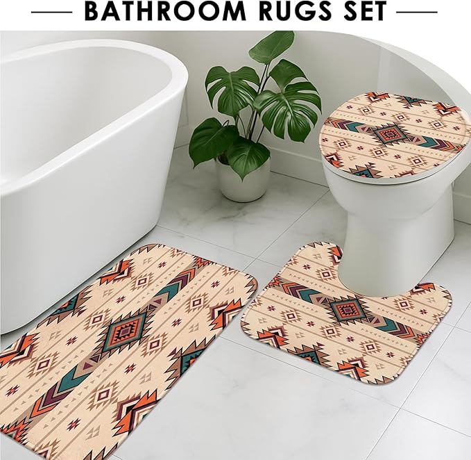 ArtSocket Boho Retro Bathroom Set with Shower Curtain and Rugs Accessory, Traditional Rhombus Summer Colorful Abstract Shower Curtain for Bathroom Decor 4 Pcs