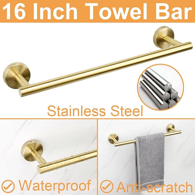 TocTen Bathroom Hardware Set, Thick Stainless Steel Bath Towel Bar Set Including Towel Rack for Bathroom+Toilet Paper Holder+3 Robe Towel Hooks Wall Mount Bathroom Accessory Set(16IN,Brushed Gold)