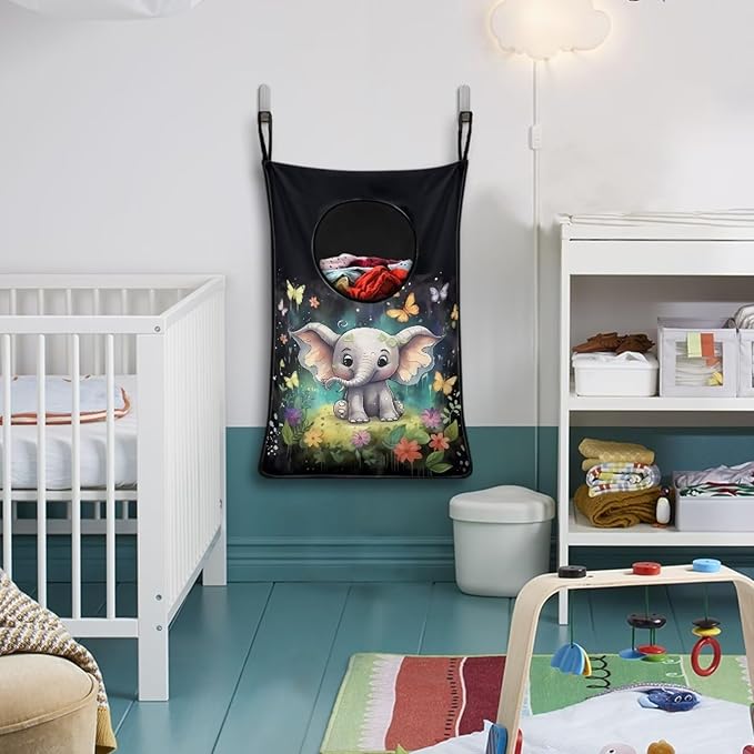 ZOUTAIRONG Butterfly Elephant Hanging Laundry Hamper Kids Girls Laundry Basket Laundry Hamper Space Saving Home Storage Organizer Dirty Clothes Hampers Hippie Colorful Oil Painting