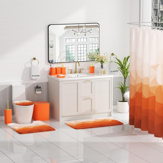 XLHOMO Bathroom Accessory Set - 26PC Bathroom Shower Curtain and Rug Set, Bathroom Accessories Set, Orange Bathroom Set with Trash Can, Toilet Brush, Qtip Holder & Soap Dispenser