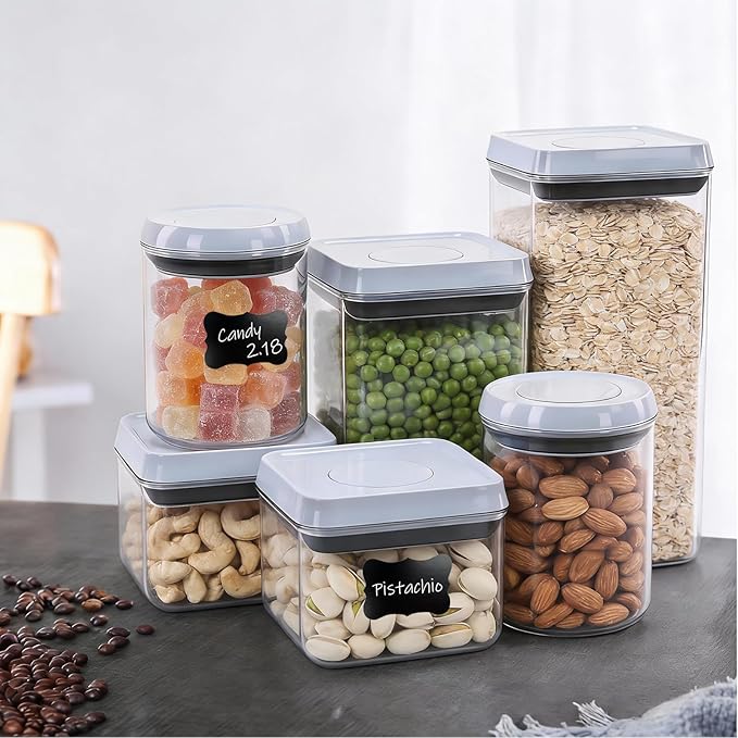 6 Pcs POP Container Set, Airtight Food Storage with Lids, Push Button Seal BPA-Free Set for Pantry, 0.65QT/0.7QT/1.8QT/2.4QT for Bulk Dry Food, Cereal, Flour, Sugar, RV Kitchen Storage