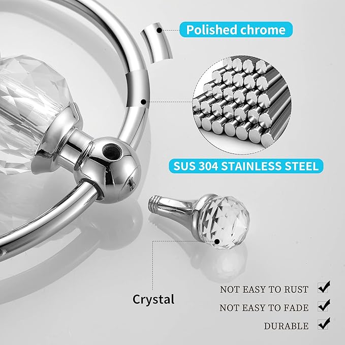 WOLIBEER Towel Ring,Crystal Hand Towel Holder,Round Towel Ring for Bathroom Wall Mounted Towel Hanger Bling Bathroom Accessories