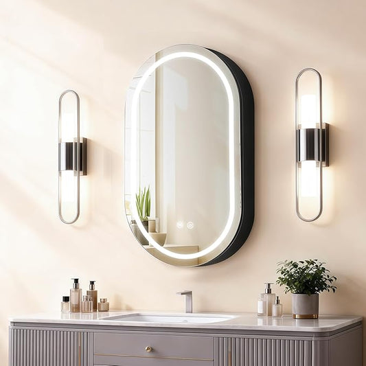 Oval Medicine Cabinet with Light,LED Mirror Cabinet,USB Shaver Socket,Internal Light,Steel with Powder Coating,Soft Closing Hinge,16×28inch