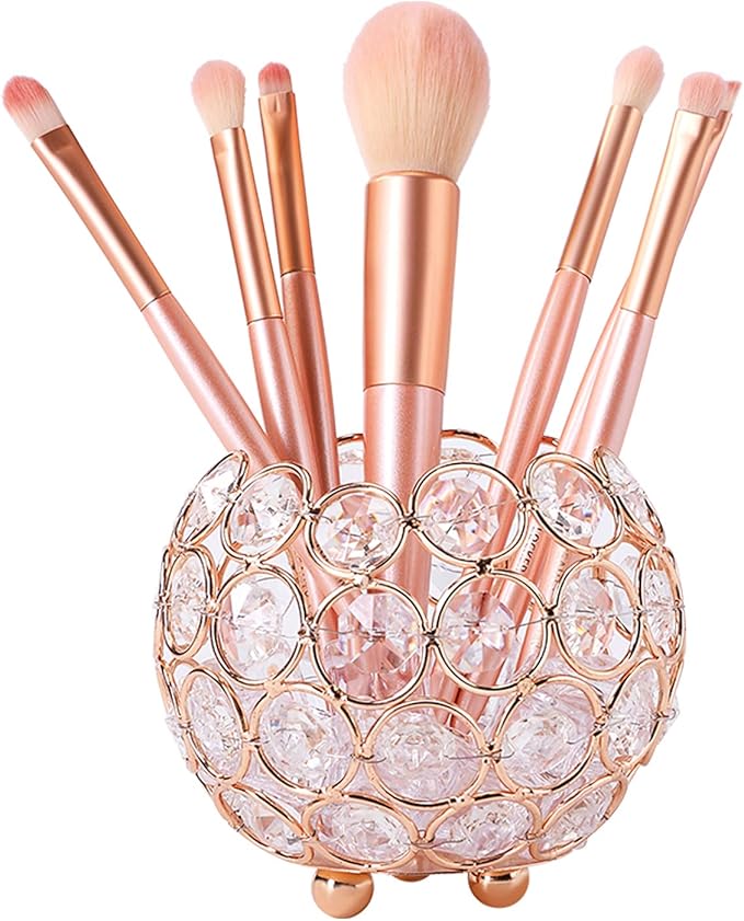 Crystal Makeup Brush Holder Organizer Cosmetics Brushes Storage Cup Handcrafted Pen Pencil Holder Storage Box Container (Gold, Spherical)