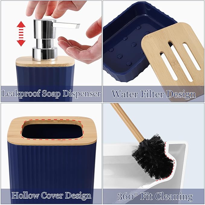 XLHOMO Blue Bathroom Set - Navy Blue Bathroom Accessories Set with with Trash Can,Toothbrush Holder,Toothbrush Cup,Soap Dispenser,Tray,Soap Dish,Toilet Brush,Qtip Holders for Bathroom Home Decor