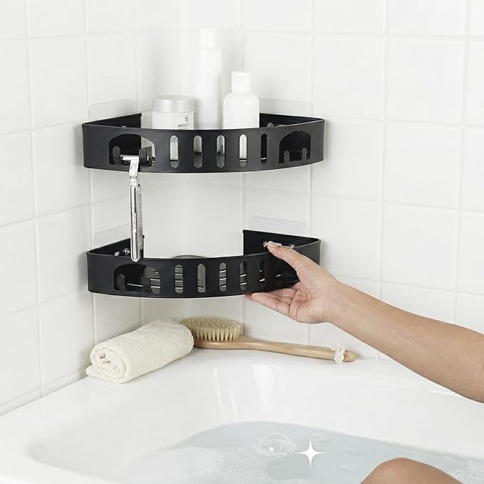 Adhesive Corner Shower Shelf No Drill | Rust-Proof Aluminum Alloy Stick On Bathroom Organizer with Shaving Holder for Shampoo, Conditioner, Soap, Razors Black 2Pack