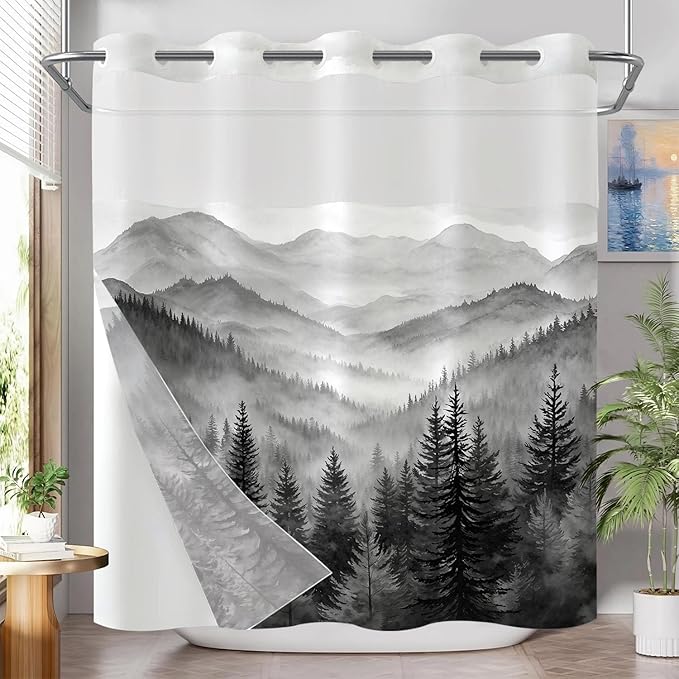 Accnicc No Hook Shower Curtain with Snap in Liner Forest Mountain Shower Curtains for Bathroom Black White Nature Misty Pine Tree Foggy Rustic Woodland Waterproof Fabric Bath Curtain Decor 71×74In