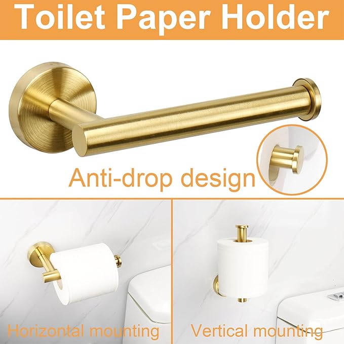 TocTen Bathroom Hardware Set, Thick Stainless Steel Bath Towel Bar Set Including Towel Rack for Bathroom+Toilet Paper Holder+3 Robe Towel Hooks Wall Mount Bathroom Accessory Set(24IN,Brushed Gold)