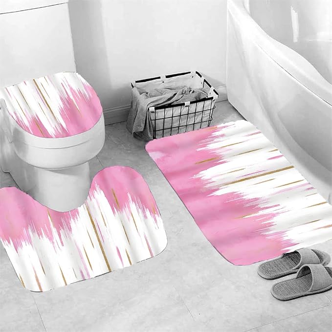 NBVKO 4PCS Pink Oil Painting Style Shower Curtain Set with Non-Slip Rugs,Toilet Lid Cover and Bath Mat,Bathroom Decor Accessory Set