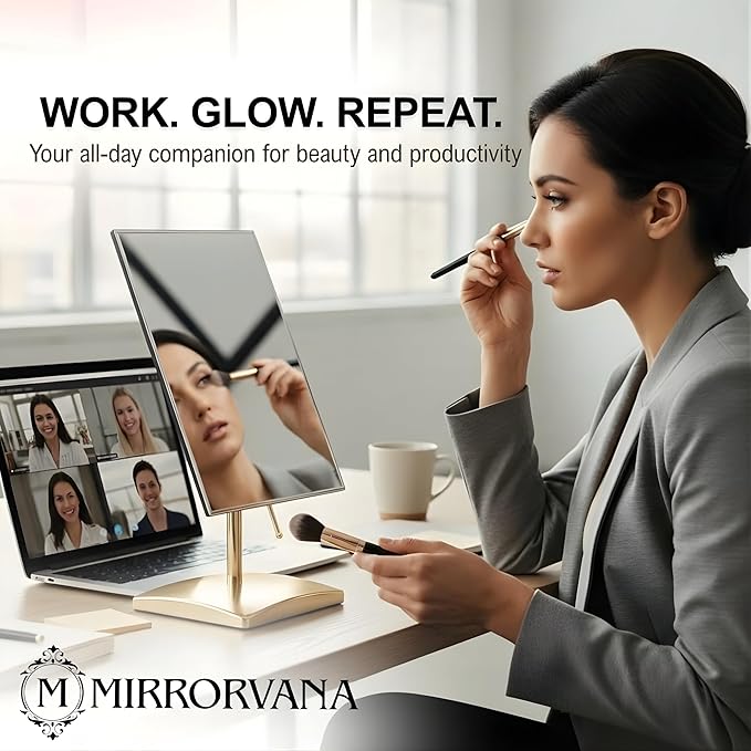 MIRRORVANA Large Free Standing Mirror - Frameless, Gold-Plated, Beveled Design for Desk, Retail Counter, Bathroom and Vanity Dressing Table (9.8" x 7")