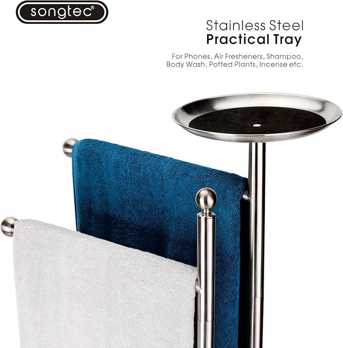 Songtec Bath Towel Rack Stand for Bathroom, 2-Tier Towel Holder Stand for Bath Towels Max to 68” & 60” Long, Practical Shelf on Top for Phone, Shampoo, Body Wash