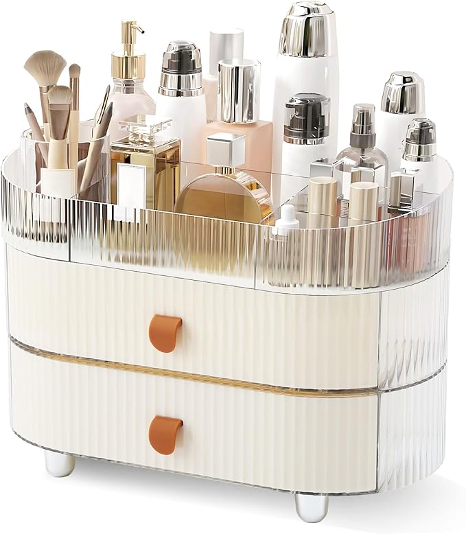 Makeup Organizer Countertop with 2 Drawers and 1 Clear Tray Stackable Skincare Cosmetics Storage Box for Vanity and Bathroom Countertop