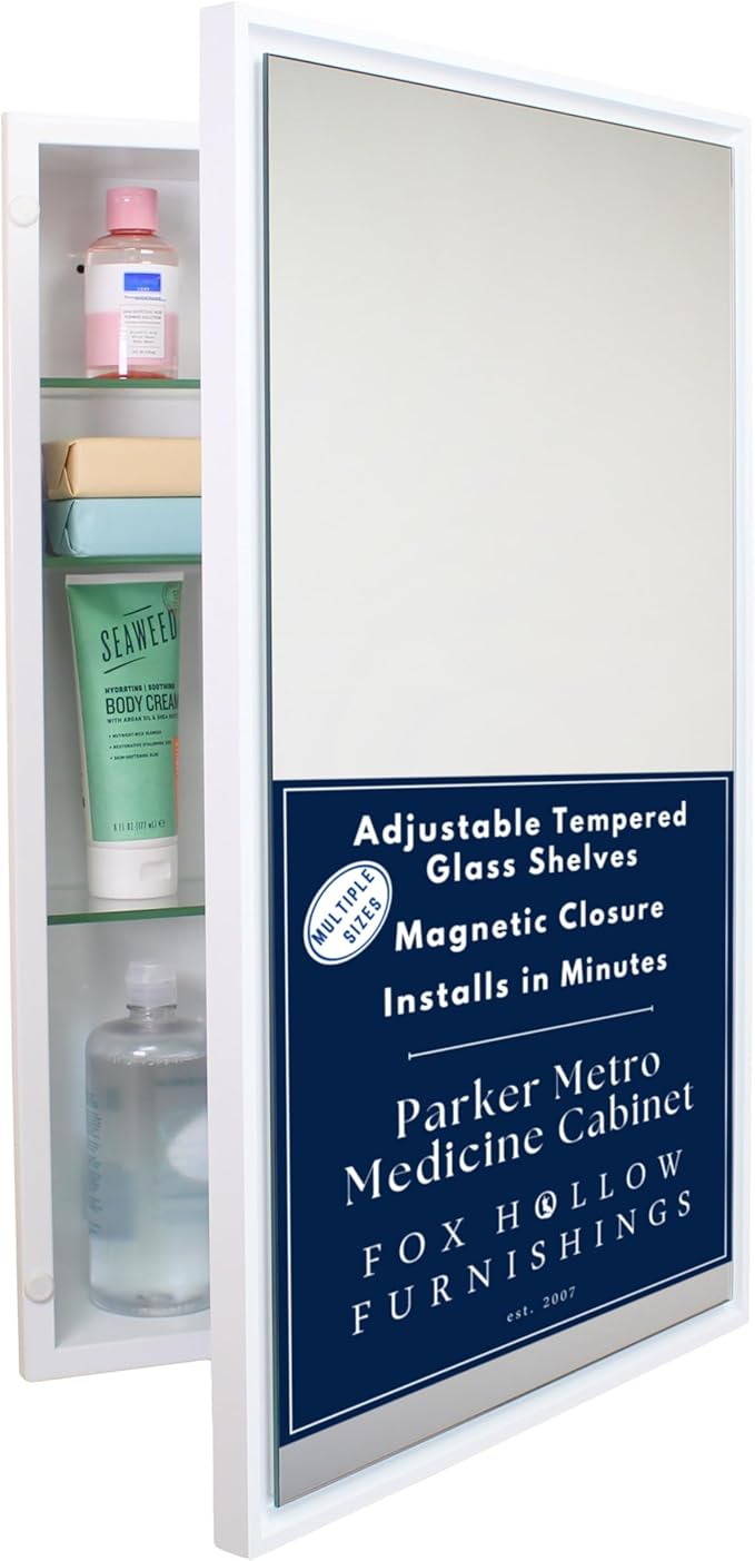 Fox Hollow Furnishings 16x26 Parker Metro Metal Framed Rectangle Recessed Bathroom Medicine Cabinet, Floating Mirror, 14x24 in-Wall Opening, Steel, Adjustable Glass Shelves, Magnet Close, White