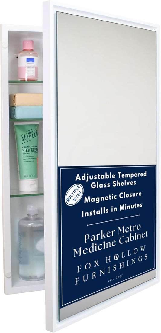Fox Hollow Furnishings 16x26 Parker Metro Metal Framed Rectangle Recessed Bathroom Medicine Cabinet, Floating Mirror, 14x24 in-Wall Opening, Steel, Adjustable Glass Shelves, Magnet Close, White
