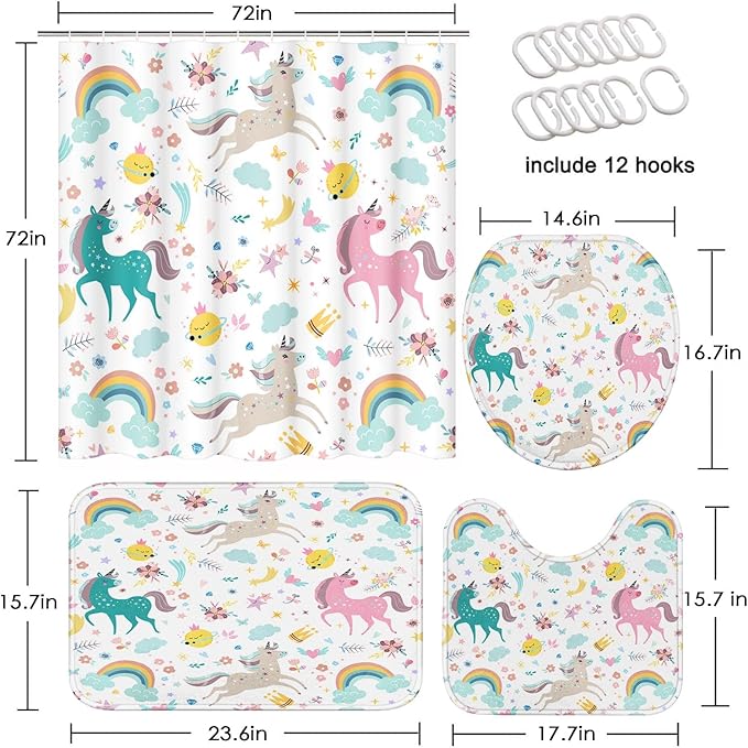 ArtSocket Unicorns Rainbow Bathroom Set with Shower Curtain and Rugs Accessories Cute Cloud Fun Girl Shower Curtain Set Kids Abstract Colorful Creative Vintage Bathroom Decor 4 Pcs
