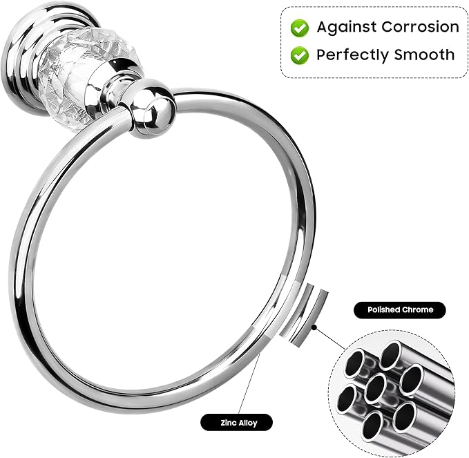 Crystal Chrome Towel Ring, Silver Bathroom Towel Holder Ring, Bathroom Towel Rack Hanger Home Hand Towel Ring Towel Holder for Bathroom Wall Mounted Bathroom Accessory