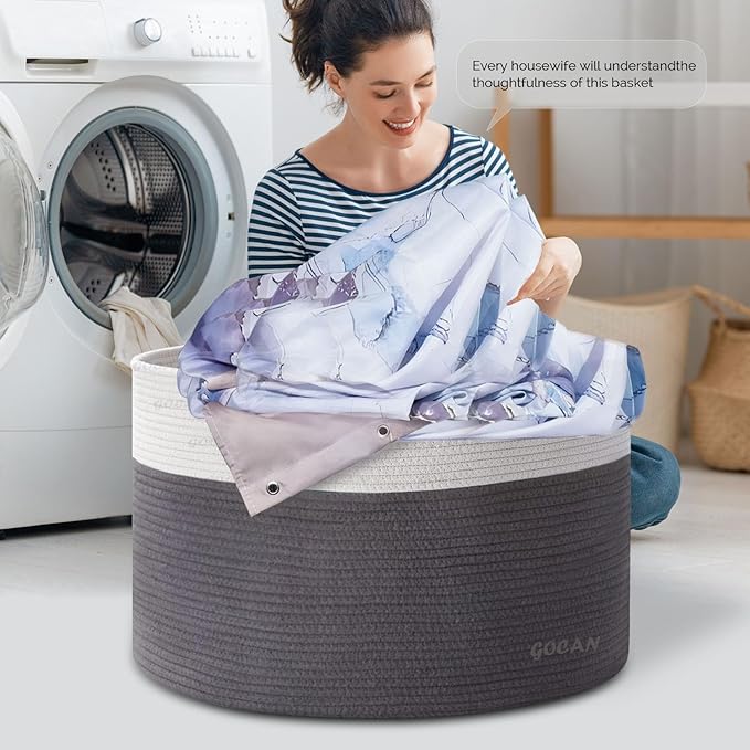 GOCAN Extra Large Laundry Basket toy storage 22"X22"X14" blanket basket Cotton Rope Woven Baskets with Handles for Living Room (Grey/Beige) XXXL