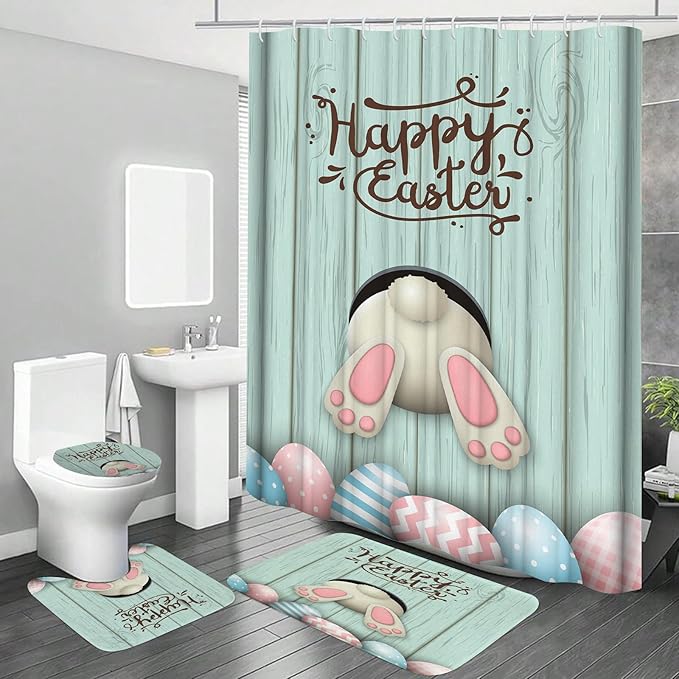4Pcs Blue Easter Shower Curtain Sets with Rugs, Easter Peeps Shower Curtains for Bathroom Decor Set, Waterproof Easter Bunny Bathroom Curtains Shower Set,12 pcs Hooks, 71 x 71in