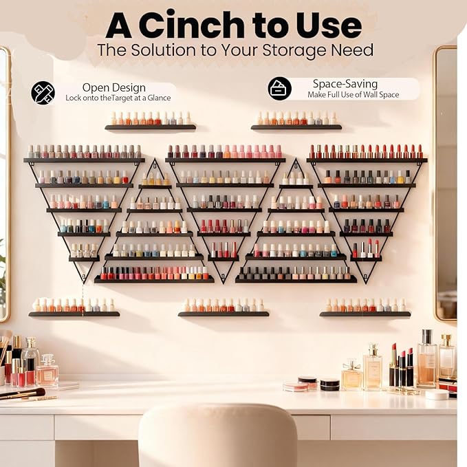 5 Tiers Triangular Nail Polish Rack for The Wall, 10PCS Metal Wall Mounted Display Shelves for Lipstick, Perfume, Home Spa, Salon Shop