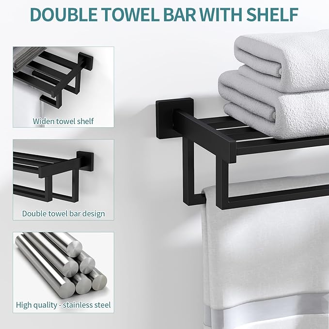 Double Towel Bar, 24 Inch Towel Racks for Bathroom Wall Mounted, Bathroom Towel Rack, Towel Rack with Shelf, Stainless Steel Hand Towel Hanger, Bath Towel Holder for Wall, Black