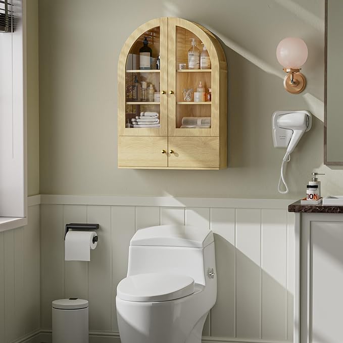 BREEZEHEAT Arched Medicine Cabinet with Extra Storage, Glass Doors, Adjustable Shelf -Wall Mounted Over Toilet Cabinet for Bathroom, Kitchen, Laundry Room, Natural Oak Wood Grain, 23.6x33.5 Inch