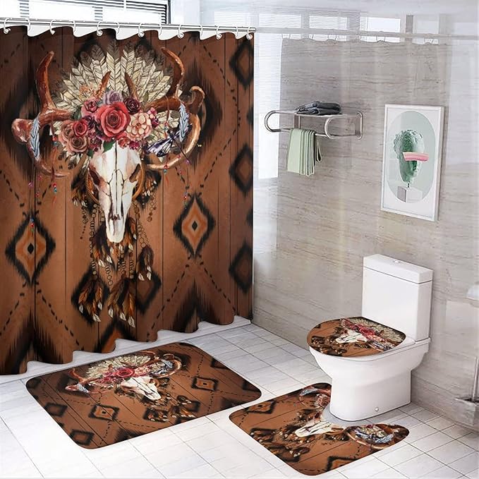 West Country Deer Skull 4 Piece Shower Curtain Sets, Non-Slip Rugs, Toilet Lid Cover and Bath Mat, Durable and Waterproof, for Bathroom Decor Set One Size