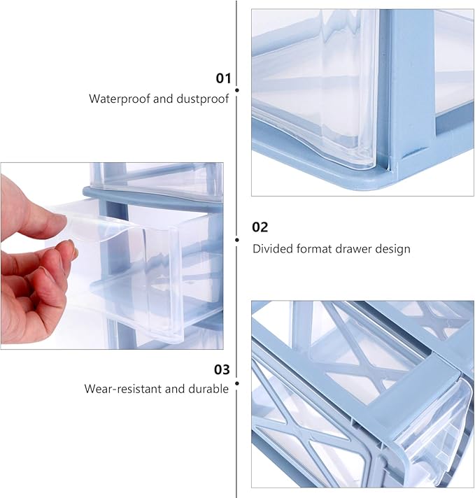 Drawer Storage Cabinet Plastic Makeup Organizer Storage Station Cube with 3 Drawers Cosmetics Jewelry Storage Case Display for Bathroom Vanity Cabinet Countertops Blue Plastic Desk Drawers