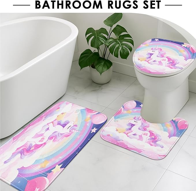 Arttown Unicorn Rainbow Balloon Bathroom Set with Shower Curtain and Rugs and Accessories, Pink Cloud Colorful Kids Shower Curtains, Modern Bathroom Decor 4 Pcs