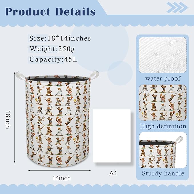 Sports Bear Nursery Laundry Basket Hamper, Sports Decor for Boys Bedroom, Cute Bear Player Foldable Clothes Toys Books Storage Box Bins Baskets Organizer for Kids Boys Room Playroom