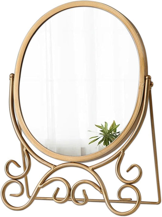 Vintage Gold Standing Mirror 10 X 15 Inch, Metal Framed Oval Table Mirror, Antique Makeup Mirror with Stand for Desk, Vanity Mirrors Tabletop for Living Room Bathroom Bedroom Shelf