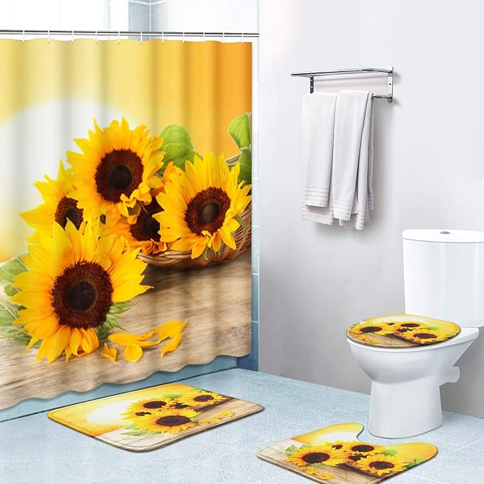 Britimes 4 Piece Shower Curtain Sets, with 12 Hooks, Summer Sun Sunflower with Non-Slip Rugs, Toilet Lid Cover and Bath Mat for Bathroom Decor Set, 72" x 72"