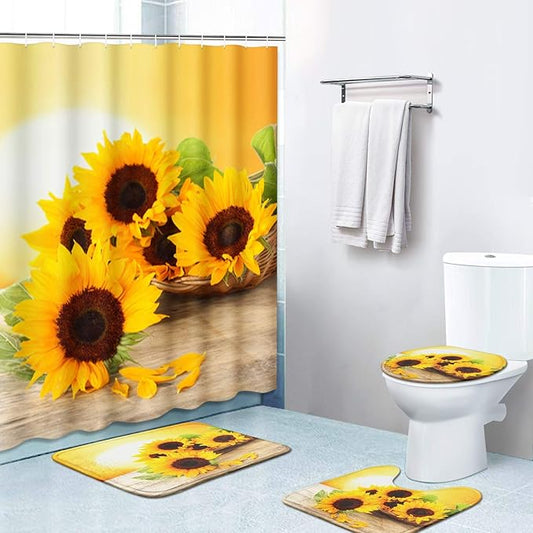 Britimes 4 Piece Shower Curtain Sets, with 12 Hooks, Summer Sun Sunflower with Non-Slip Rugs, Toilet Lid Cover and Bath Mat for Bathroom Decor Set, 72" x 72"