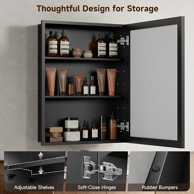 24“ x 30” Black Medicine Cabinets for Bathroom with Mirror, Aluminum Alloy Framed Mirror＆Tempered Glass Design, Recessed or Surface Wall-Mounted Metal Bathroom Vanity Mirror with Storage Cabinet
