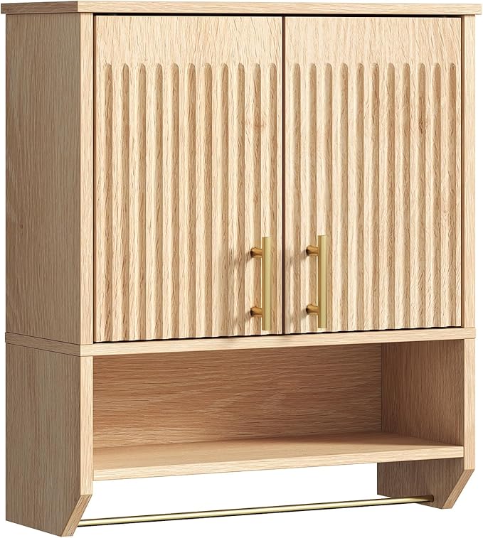 HOOBRO Bathroom Wall Cabinet with Towel Rack, Farmhouse Fluted Medicine Cabinet, Wall Mounted Storage with Adjustable Shelf, Space Saving Organizer for Bathroom, Natural