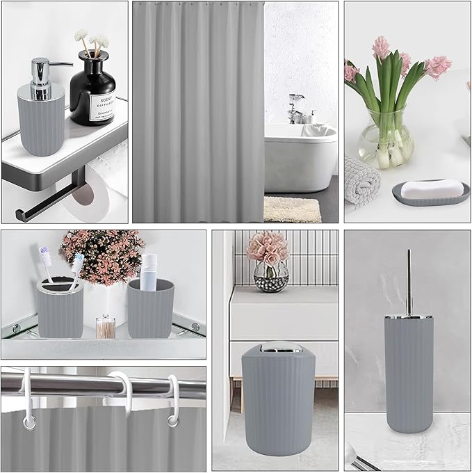 Grey Bathroom Accessories Set with Shower Curtain, Trash Can, Lotion Soap Dispenser, Soap Dish, Toothbrush Holder, Toothbrush Cup, Toilet Brush Holder and Tray for Bathroom Decor