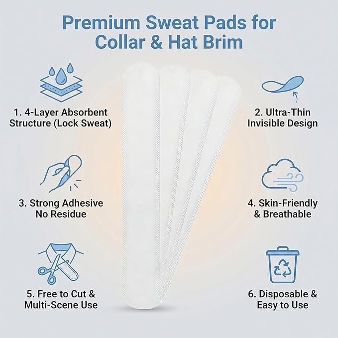 erioctry 40PCS White Disposable Collar Protectors - Self-Adhesive Sweat Pads for Shirts Invisible Neck Liners Hat Cleaners Prevent Sweat Stains Keep Clothes Fresh for Men Women