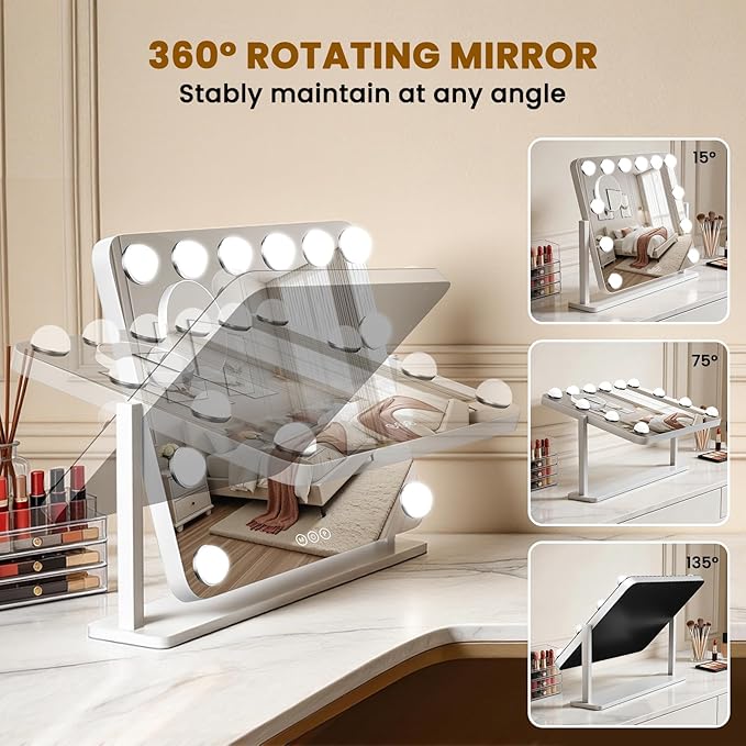 Vanity Mirror with Lights, 18"×14" Hollywood Makeup Mirror with 12 Dimmable Bulbs, 3-Color Lighting, Dimmable, 360° Rotation, 10x Magnification, Desk Mirror, Bedroom (White)