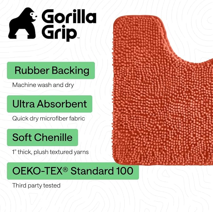 GORILLA GRIP Plush Absorbent Shaggy Chenille Bath Rug Mat for Oval Toilet Base with Rubber Backing, Machine Washable Rugs, Soft Microfiber Contour Mats for Toilets, Bathroom Decor, Coral