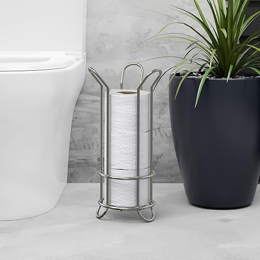 BROOKSTONE Toilet Paper Holder Stand Reserve - Free Standing Toilet Paper Stand with Storage that Holds Mega Rolls, Standing Bathroom Tissue Organizer, Bathroom Decor - Modern Storage Holder, Chrome