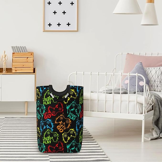 Colorful Game Joystick Silhouettes Large Laundry Hamper Gaming Theme Storage Basket Toys Clothes Organizer Bin For Home Bathroom Bedroom Dorm Nursery, 60l