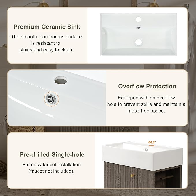 Virubi 21.6" Small Fluted Bathroom Vanity with Sink,Soft Closing Doors and Storage Shelves,Natural Wood Single Bathroom Sink Cabinet Combo Freestanding,Dark Grey